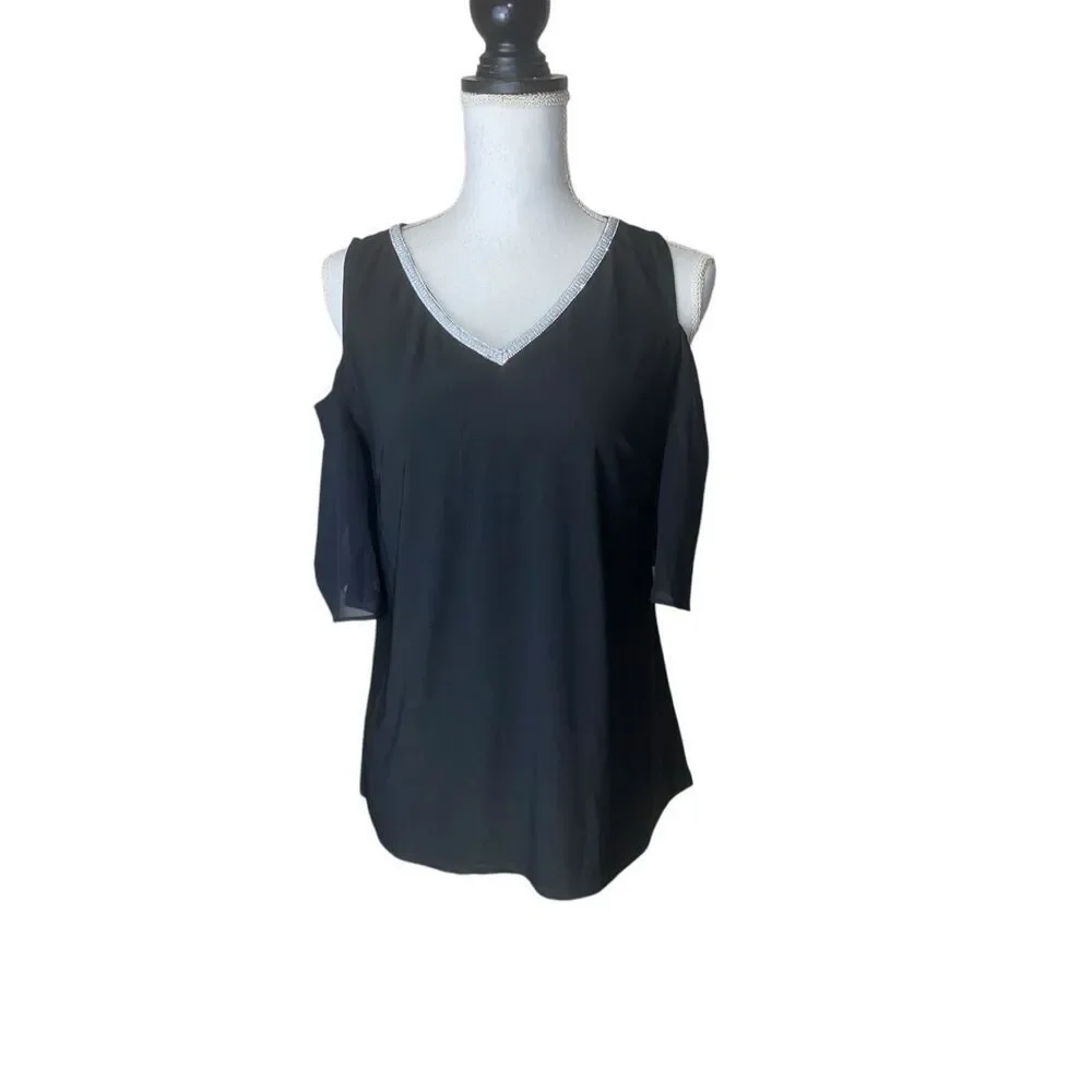 Harper 241 Womens Black 3/4 Sleeve Cold Shoulder Top Size Small
